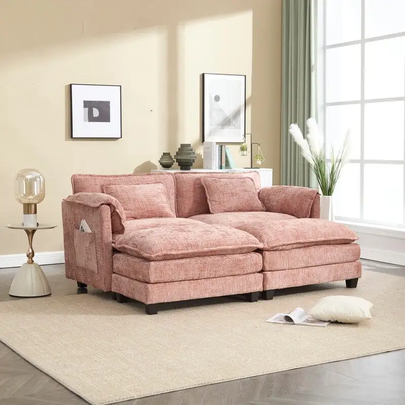 76.77 Chenille Upholstered Sofa with 2 Ottomans
