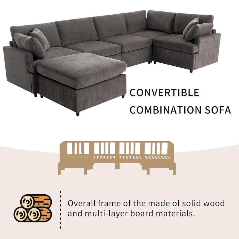 100.4 Spacious U-Shape 6 Seater Sectional Sofa with Removable Ottomans and Pillow, Flexible Configuration