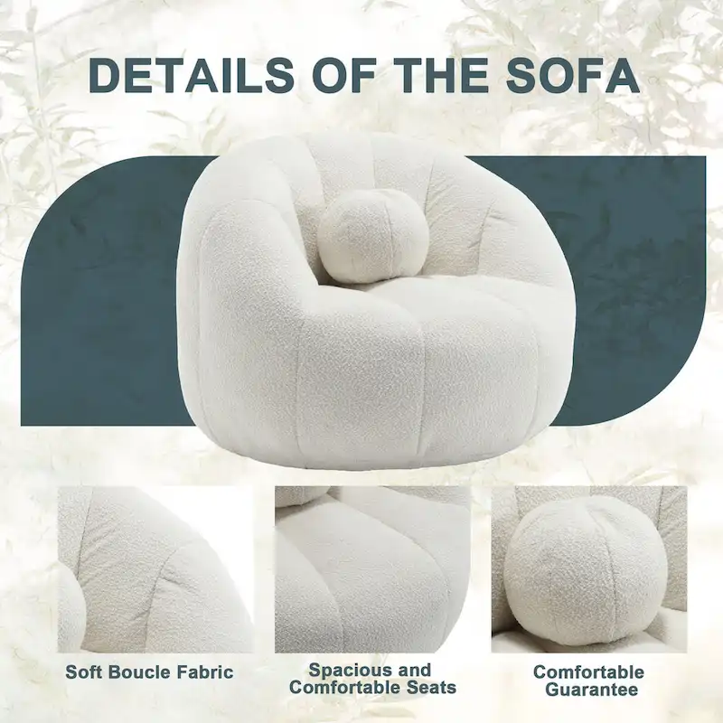 HOMEFUN Boucle Upholstered Round Lazy Cozy Bean Bag Chair With a Pillow