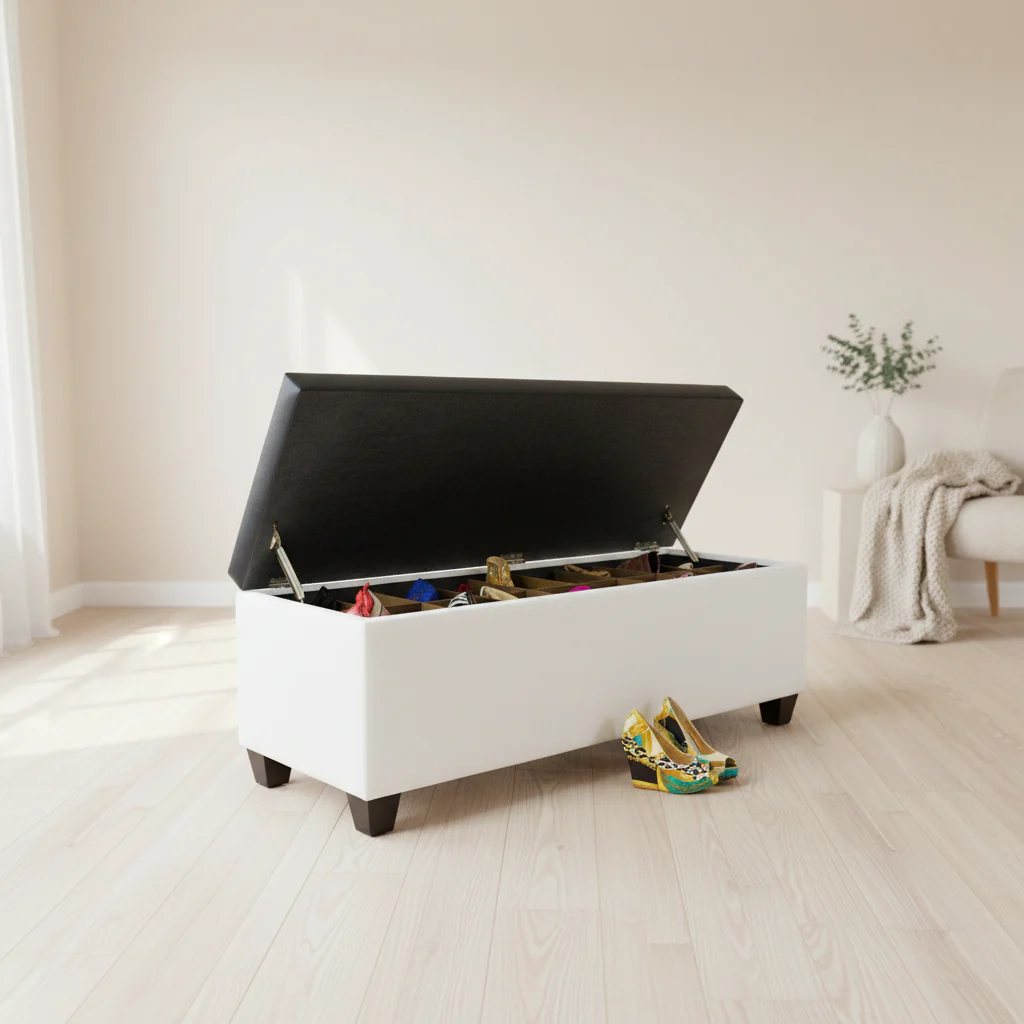 Mid Century Modern White Vinyl Shoe Storage Bench