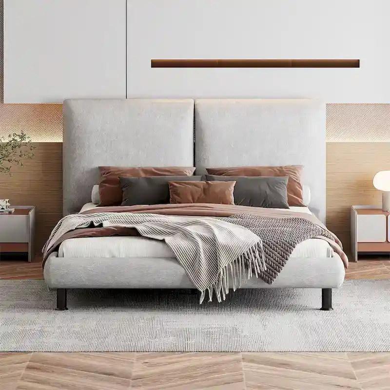 Beige / Grey Upholstered Platform Bed with Dual Headrests, For 2