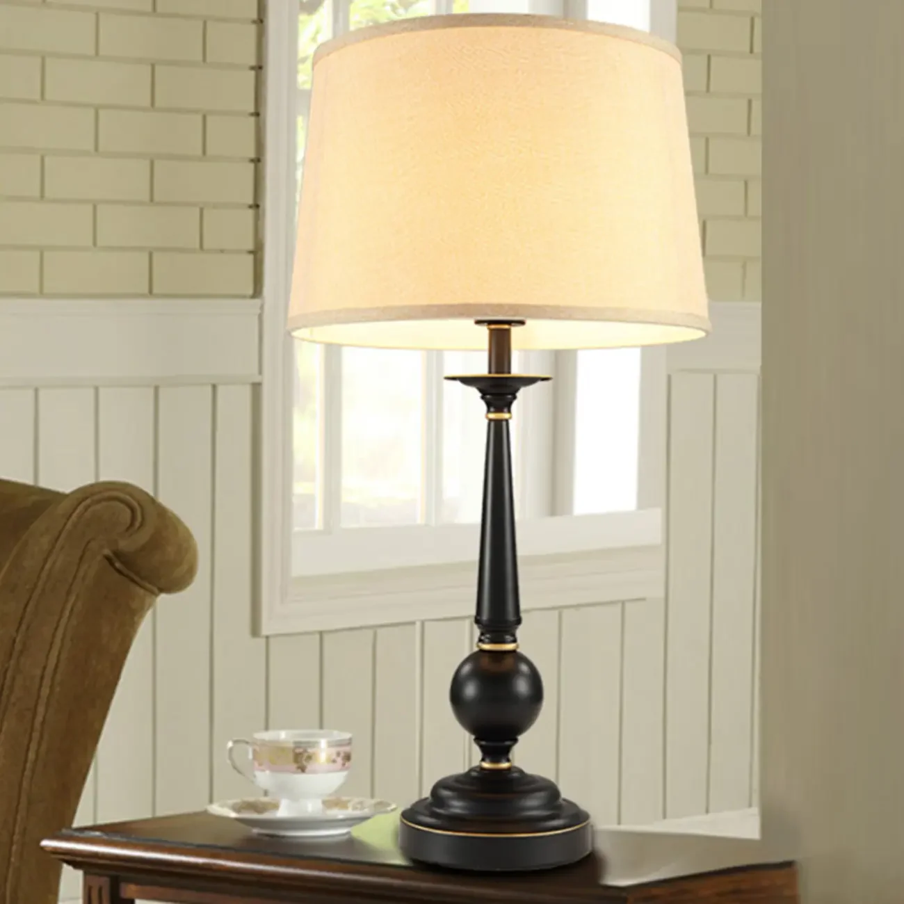 Traditional Fabric Shade Black Metal Standard Table Lamp