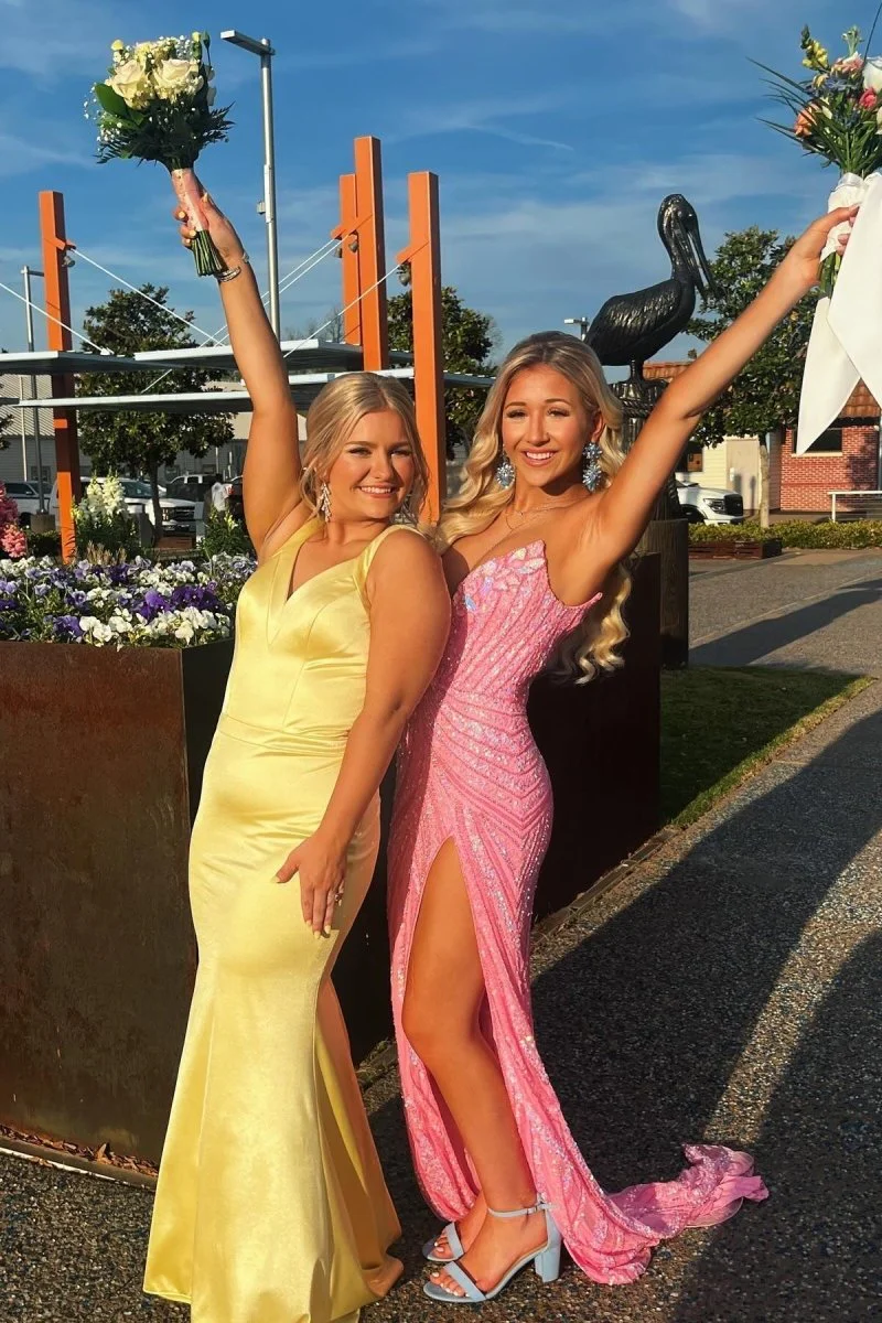 Yellow Mermaid Satin V Neck Long Party Dress