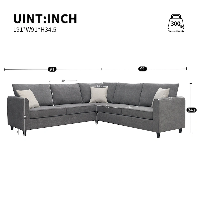 Modern Upholstered L-Shaped Sectional Sofa Couch with 3 Pillows