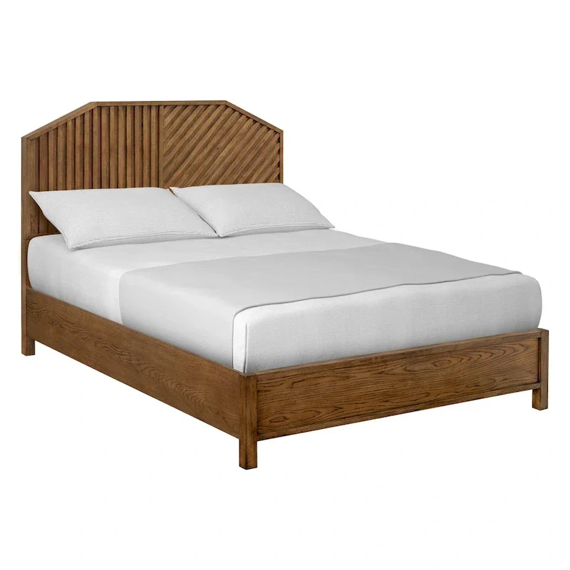 Brown Natural Walnut Queen Bed Frame with Fluted Curved Headboard – Modern Style, Sleeps 1–2