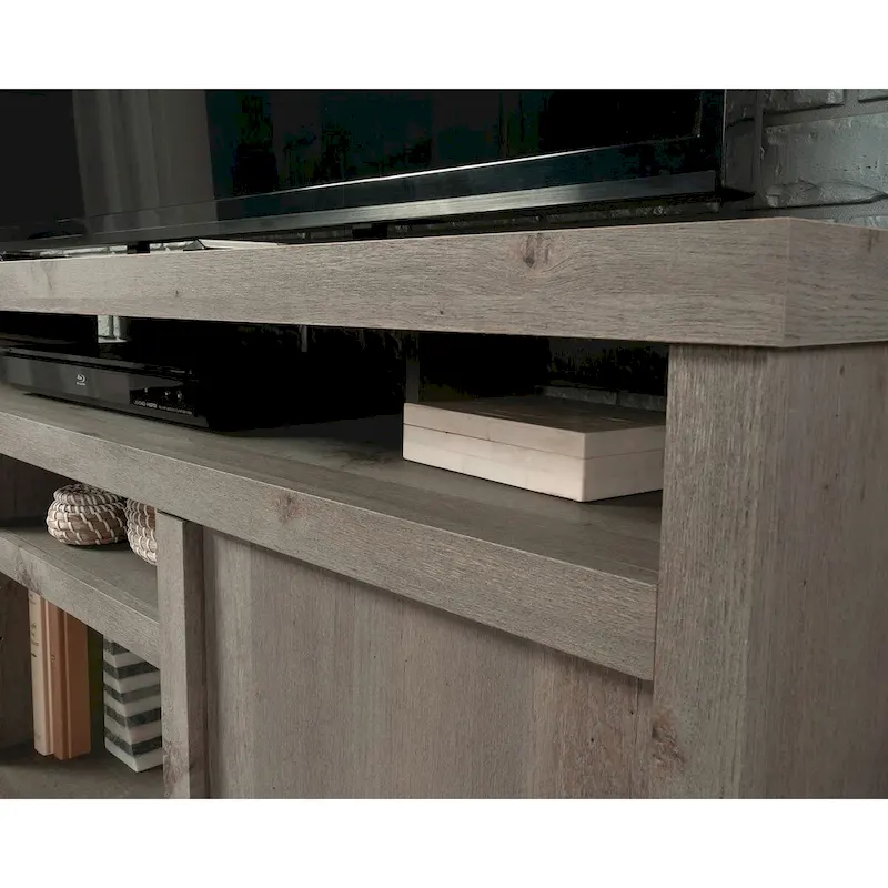 TV Credenza with Herringbone Doors & Adjustable Shelves – Mystic Oak / Sindoori Mango, Modern Style