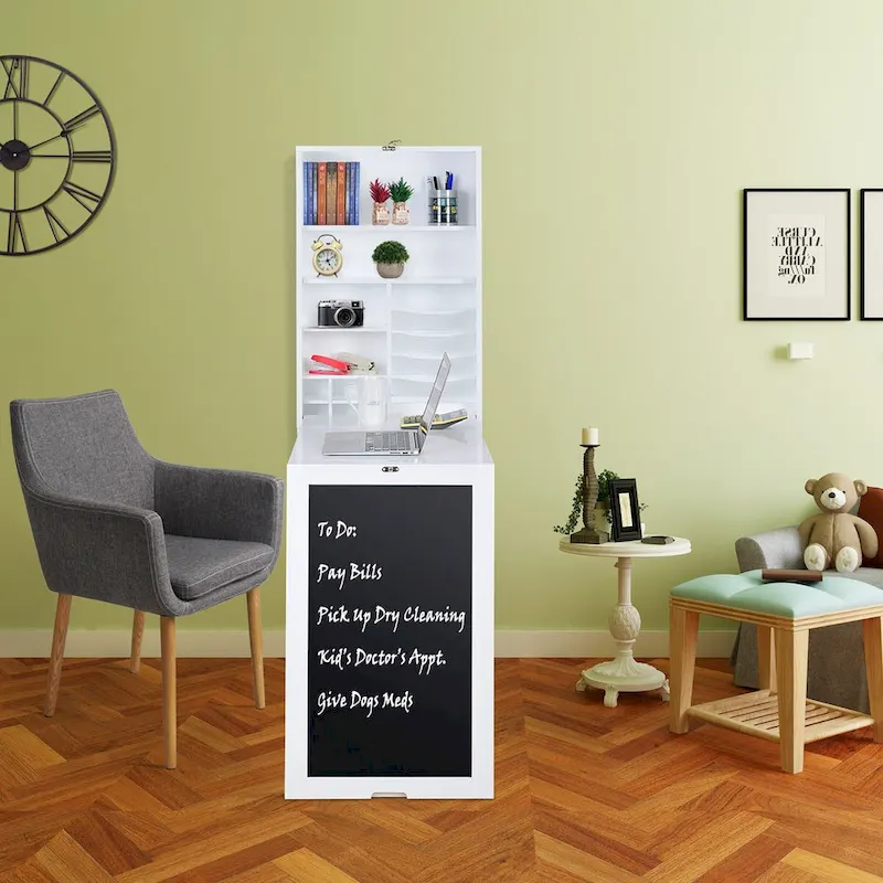 Collapsible Fold Down Desk Table with Storage Cabinet & Bottom Shelves, Computer Desk With Storage, White