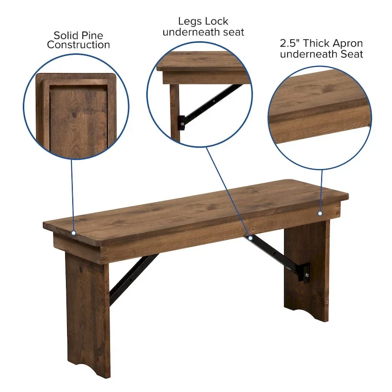 Solid Pine Folding Farm Table Set with 6 Benches