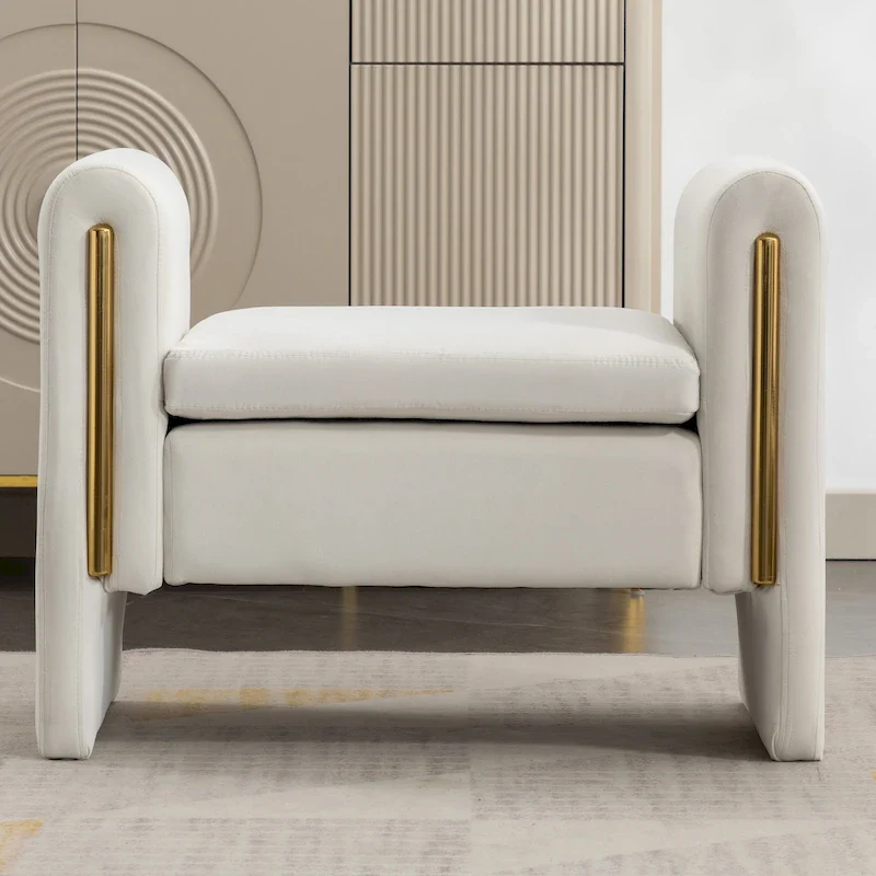 Beige/Coffee/Ivory/Grey Velvet Bench with Wood Frame & Gold Trim