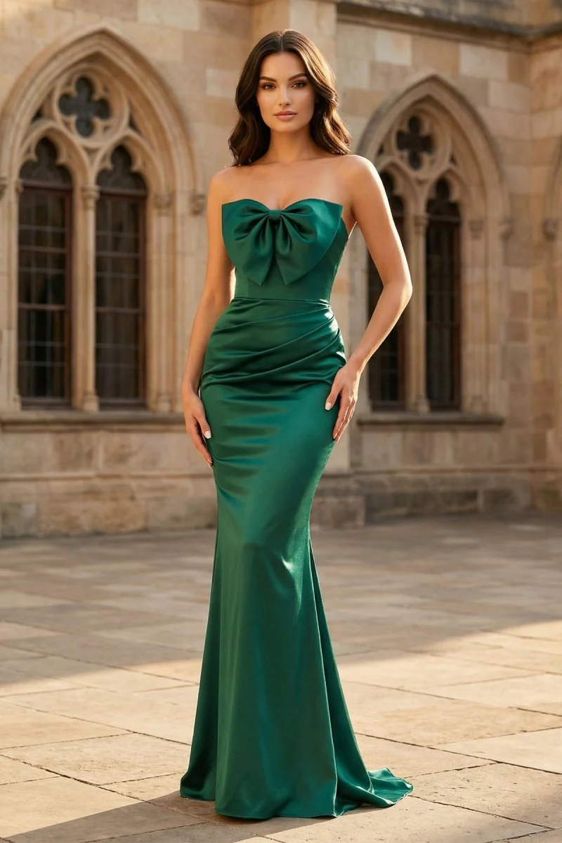 Mermaid Sweetheart Dark Green Satin Long Prom Dresses with Bow