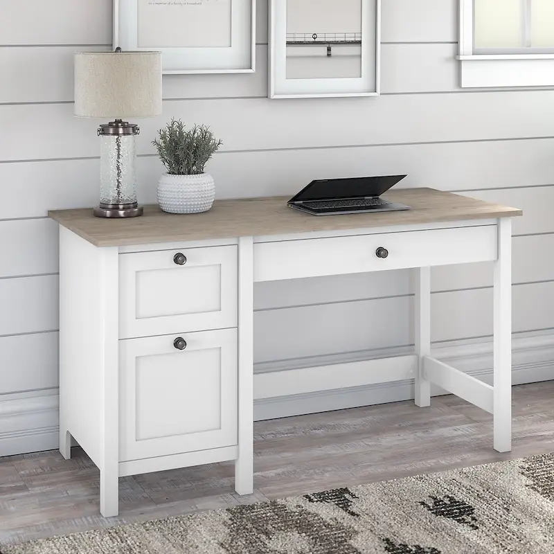 54W Farmhouse Computer Desk with File Drawer, Keyboard Tray & Box Drawer – Shiplap Gray / Vintage Black, Single