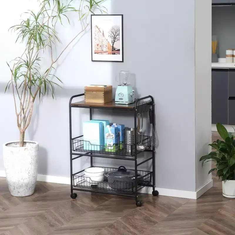 HOMCOM 24 3-Tier Rolling Kitchen Cart, Utility Storage Trolley with 2 Basket Drawers, Side Hooks for Dining Room, Walnut Wood Tone