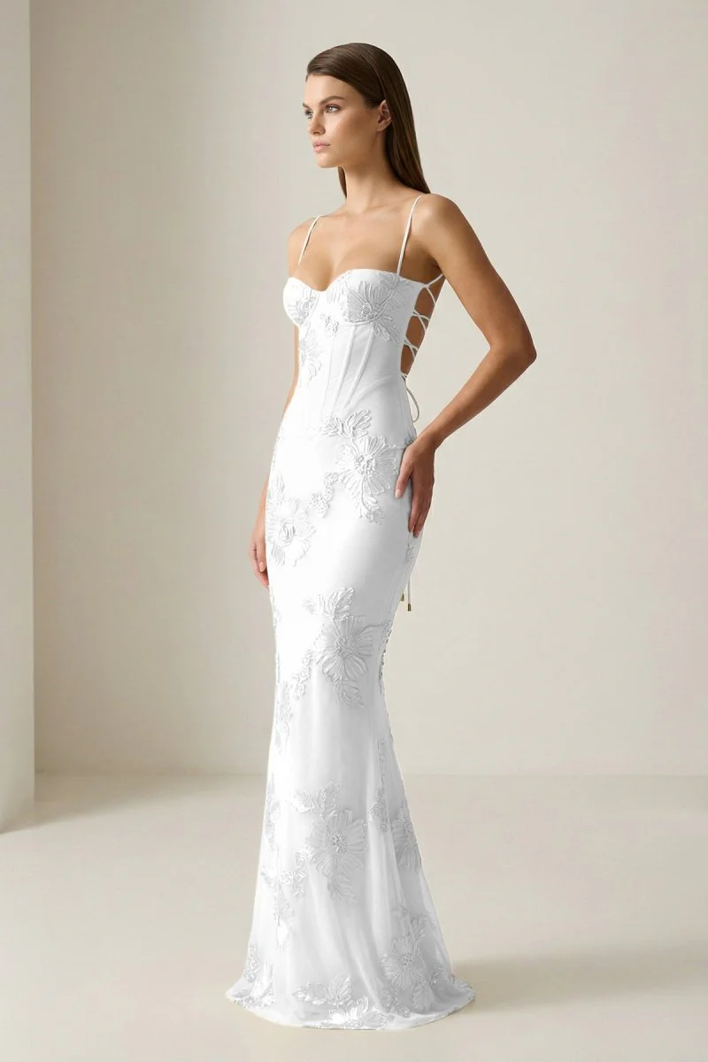 Yellow Spaghetti Straps Sheath Long Prom Dresses With Floral Embroidery