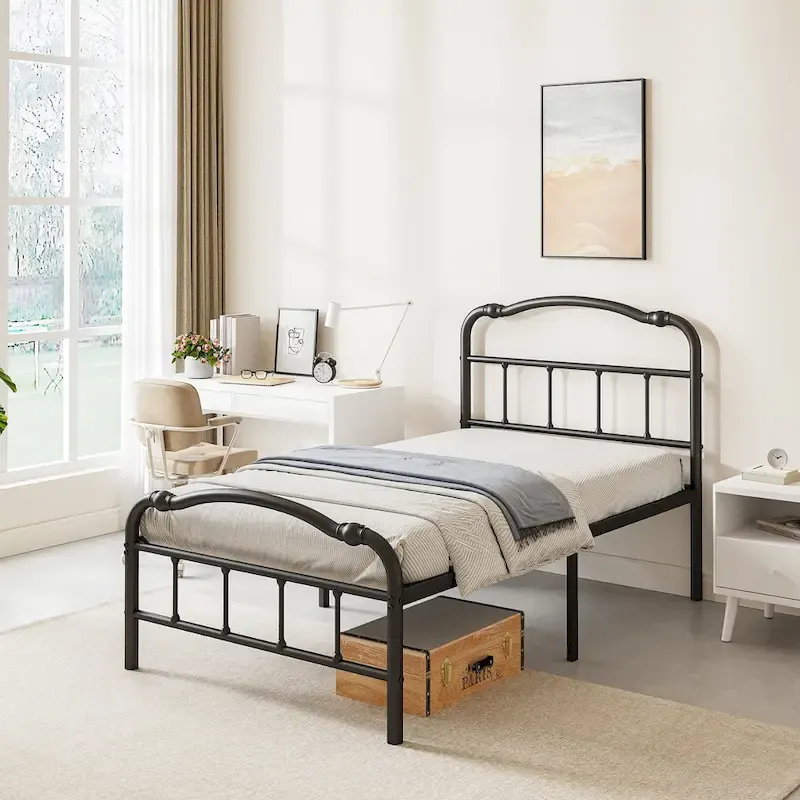 Black Metal Bed Frame, Wave Headboard & Footboard, 1–2 Person