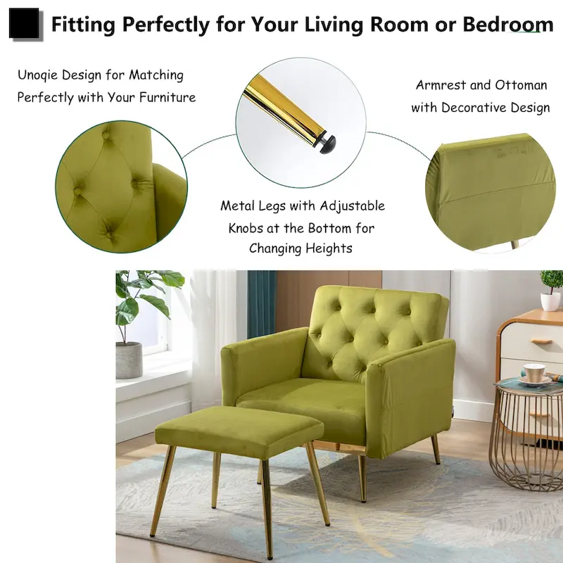 HOMEFUN Velvet Tufted Adjustable Armrests and Backrest Armchair with Ottoman