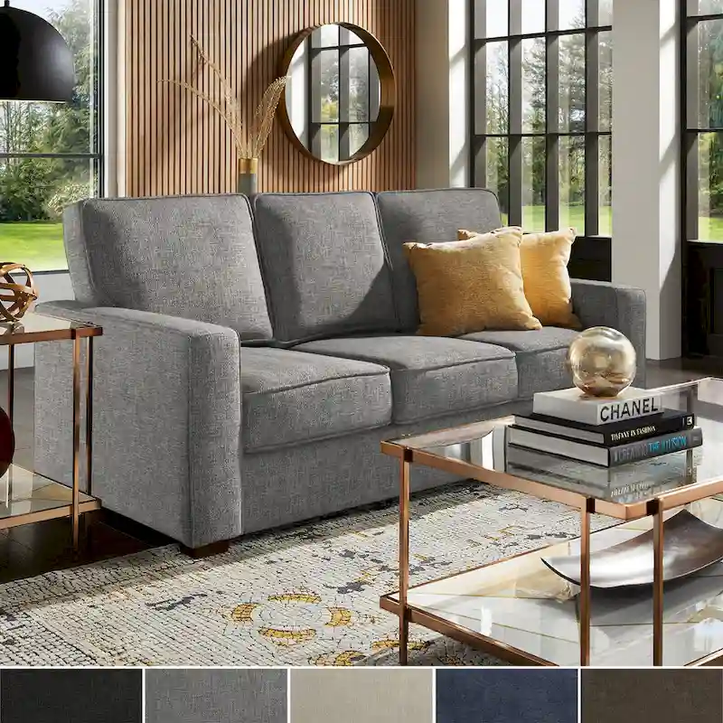 Grey / Black / Beige / Brown / Blue Modern Fabric Square Arm Sofa with Espresso Rubberwood Legs – Seats 3