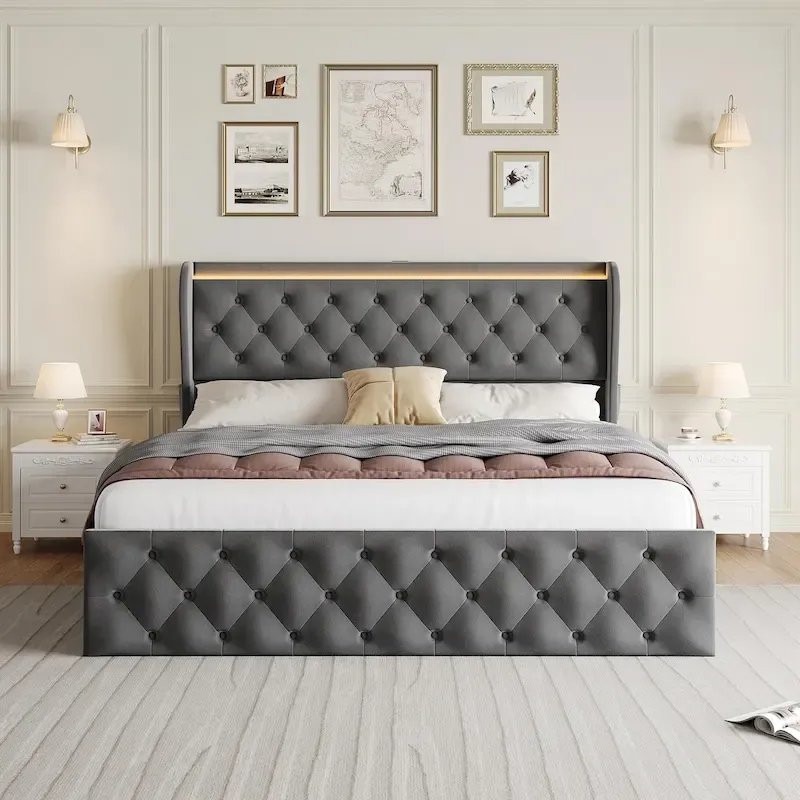 Velvet Upholstered Bed Frame with Wingback Headboard