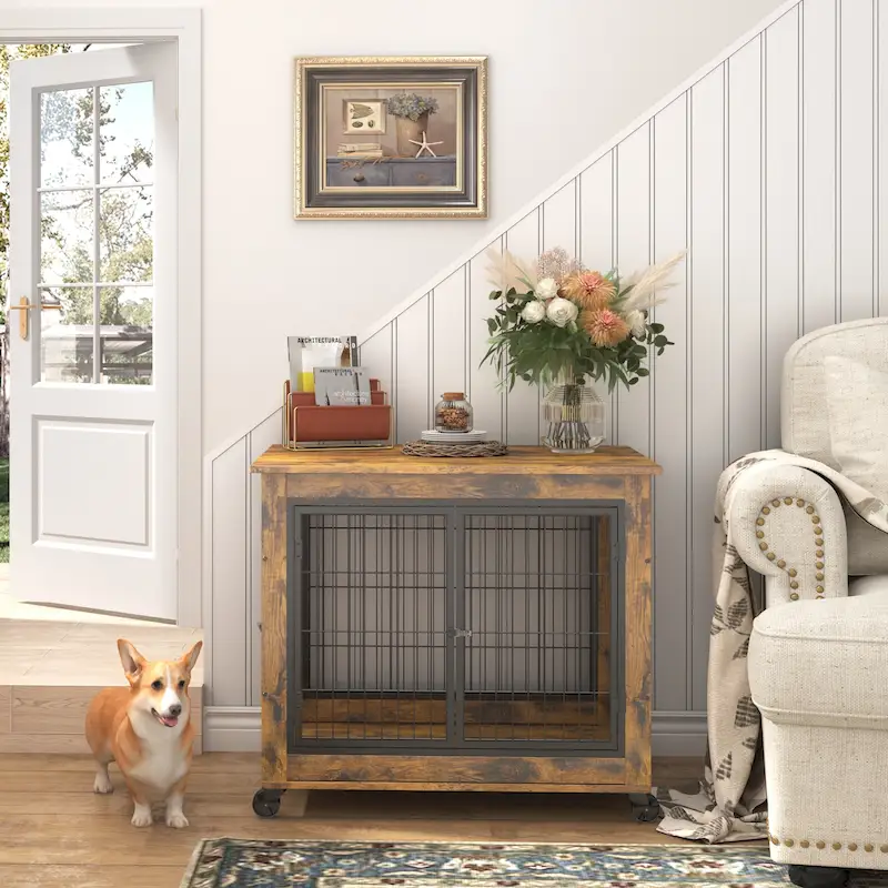 Rustic Brown Furniture-Style Dog Crate with Double Doors & Lift Top, for 1 Dog, 31.50