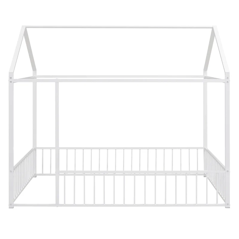 Full Size Metal Bed House Bed Frame with Fence, for Kids, Teens, Girls, Boys
