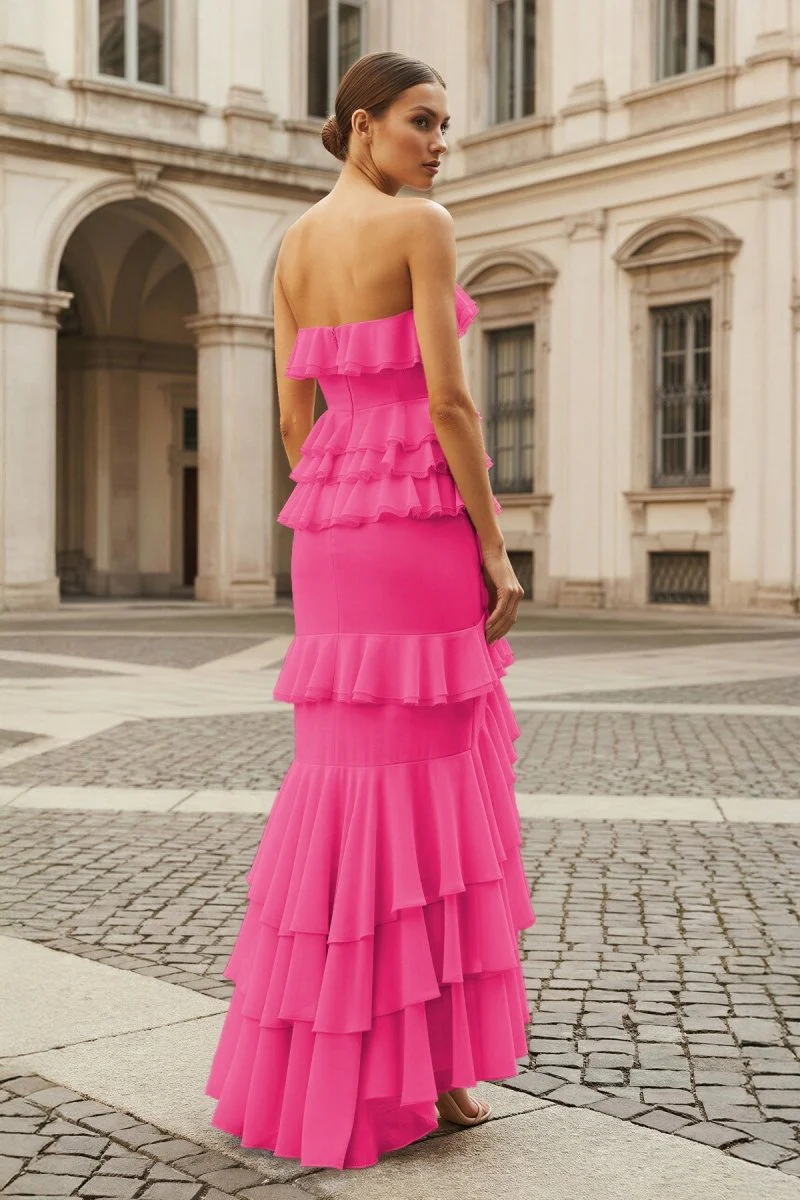 Pink Strapless Sheath Chiffon Ruffled Long Prom Dresses