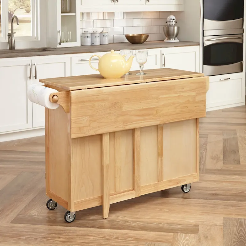 Kitchen Cart with Breakfast Bar - Drop Leaf Storage Island on Wheels (Natural Wood)