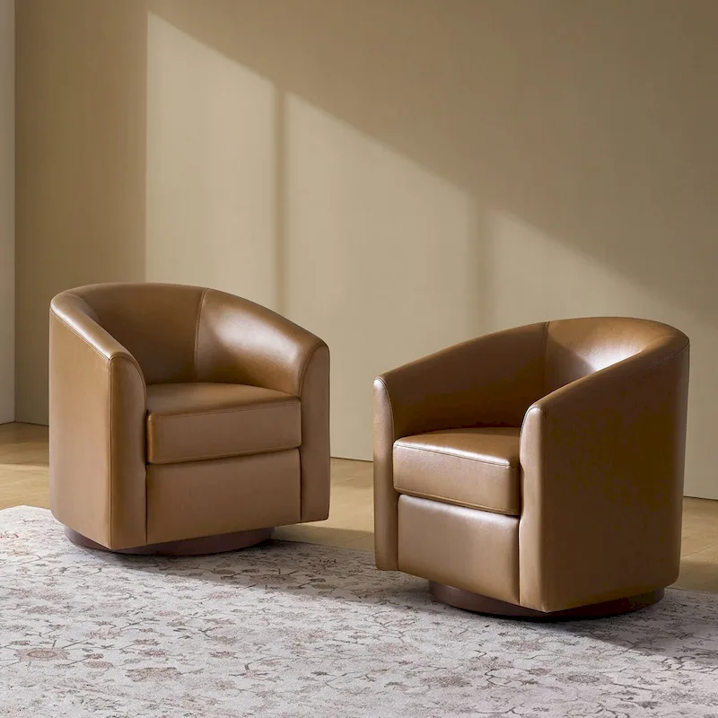Haley Modern Swivel Barrel Faux Leather Chair with Solid Wood Base Set of 2 by HULALA HOME