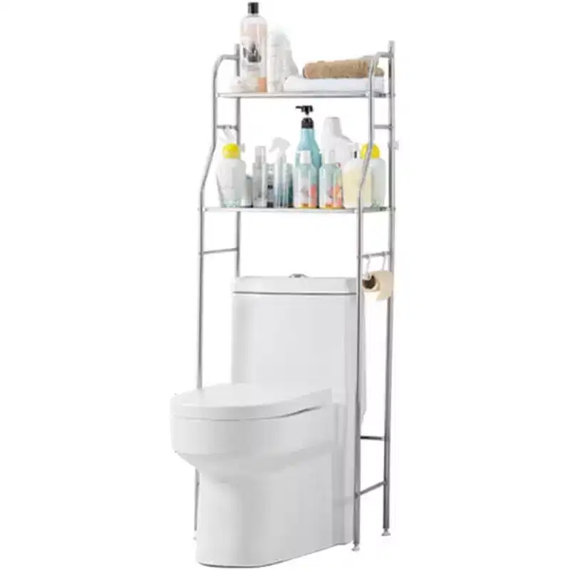 GustoWave Over The Toilet Storage Cabinet, Metal Bathroom Organizer with Paper Holder & Hooks, No Drill Floor Standing, Space Saver, White