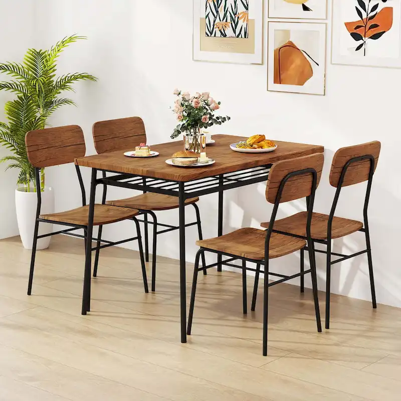 Costway 5 PCS Wood Square Kitchen Table & Chair Set with Metal Frame