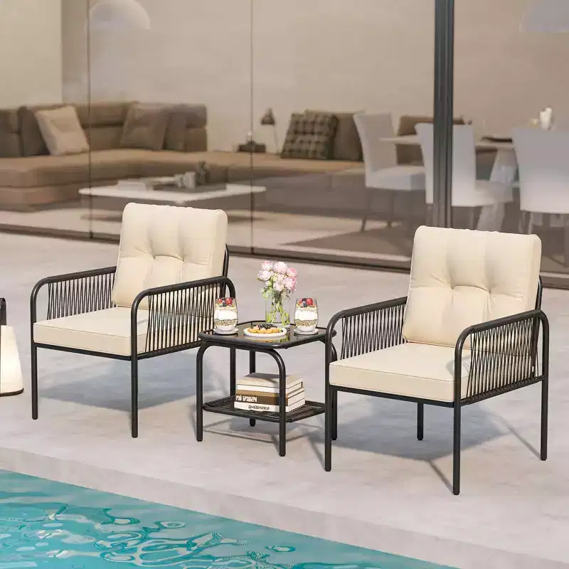Costway 3 PCS Patio Bistro Set with Tempered Glass Table Chairs Back and Seat Cushions