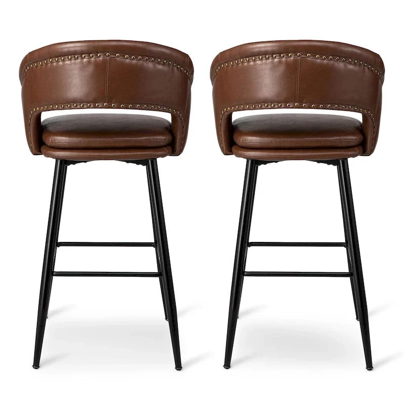 Mid-Century Modern Faux Leather Bar Stool with Nailhead Trim & Metal Legs – Black / Brown