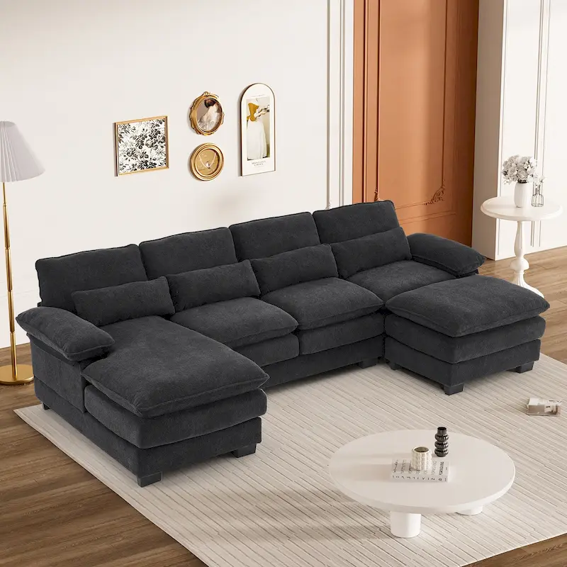 Soft Chenille Fabric U-Shaped Sectional Sofa with Double Layer Cushion