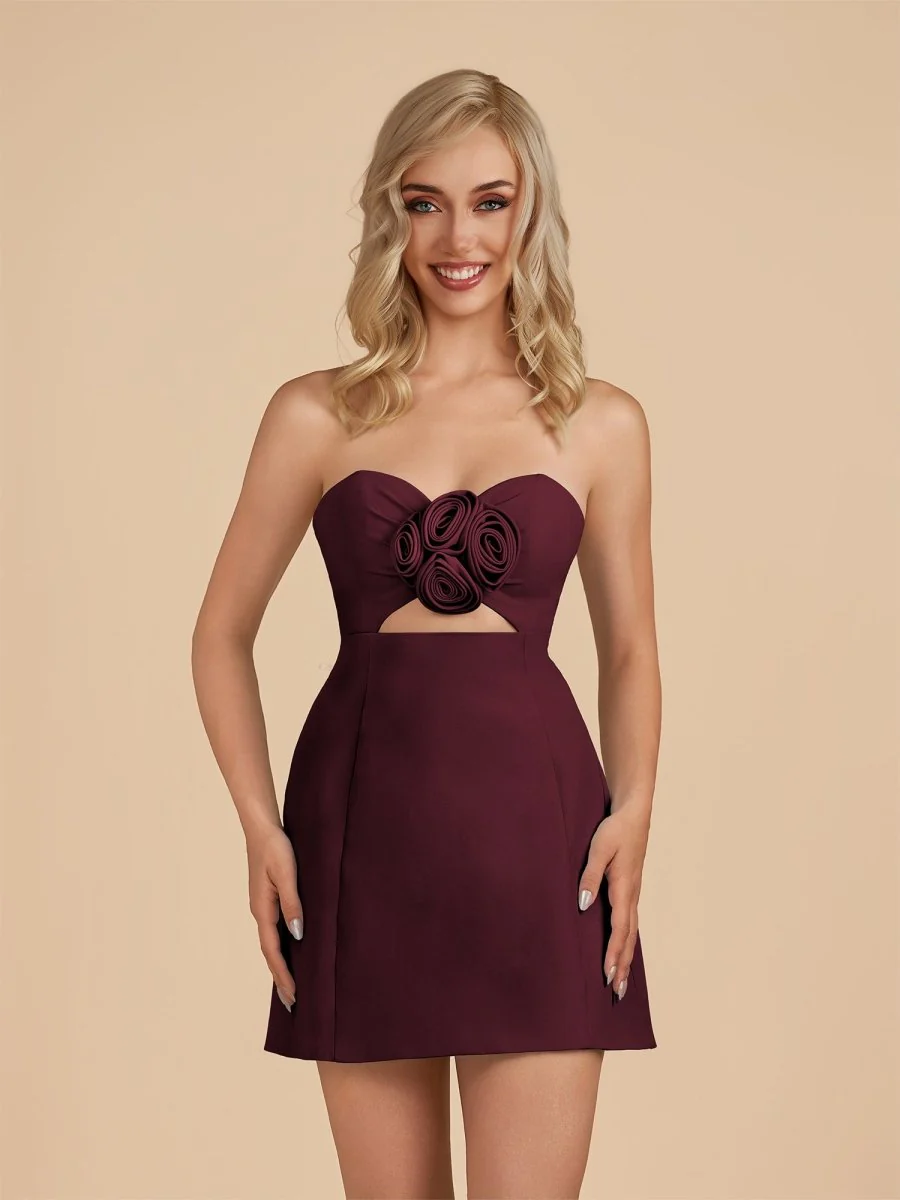 Burgundy - Sheath Strapless Flowers Cutout Short Homecoming Dresses