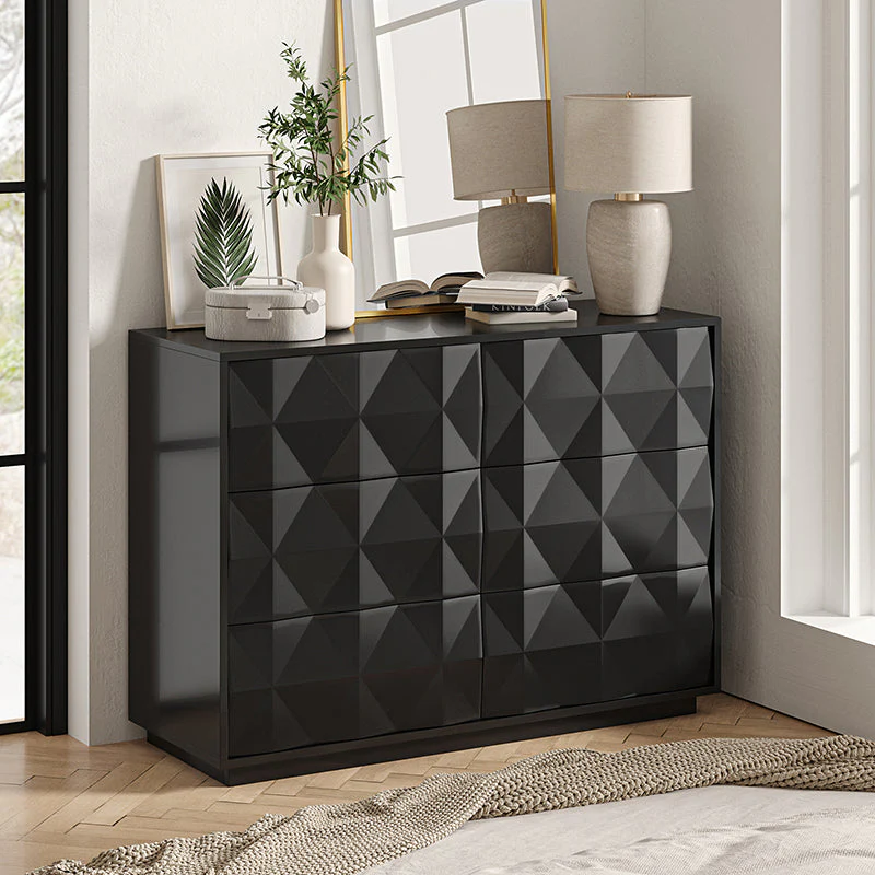 50 in Geometric Pattern 8-Drawer Dresser with Internal Dividers, Metal Glides & Adjustable Feet | Black / Navy | Single