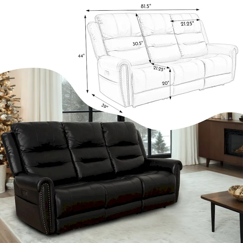 Genuine Leather Black Power Recliner Sofa, Loveseat, Recliner With Adjustable Headrest and Extendable Footrest