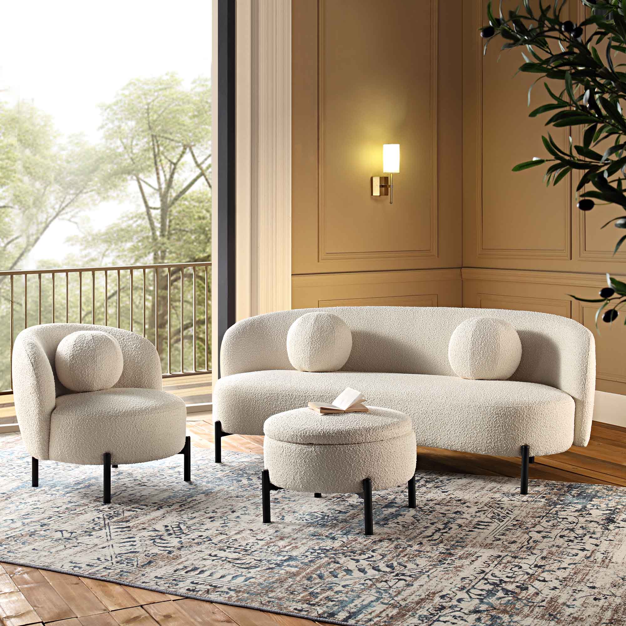 3-Seater Curved Sofa with Ball Cushions, Ecru Boucle