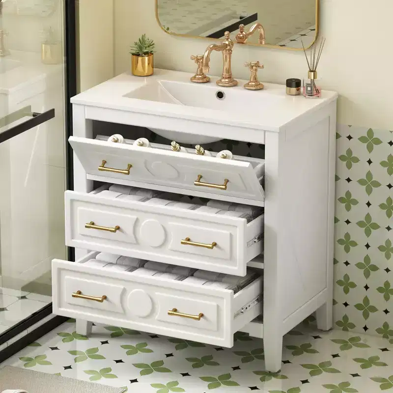 JVNOXK 30'' Solid Wood Bathroom Vanity with Ceramic Sink, Freestanding White Vanity Cabinet with 3 Drawers for Modern Bathroom