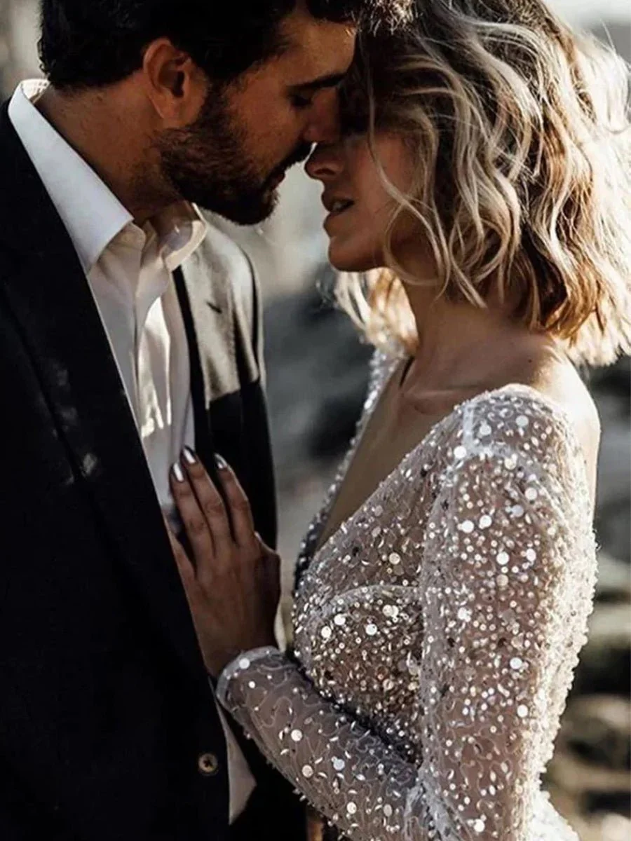 Bohemian A-Line Sparkly Sequined Luxury Wedding Dresses