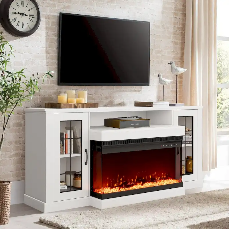 White / Off White TV Stand with Electric Fireplace, Fits up to 80