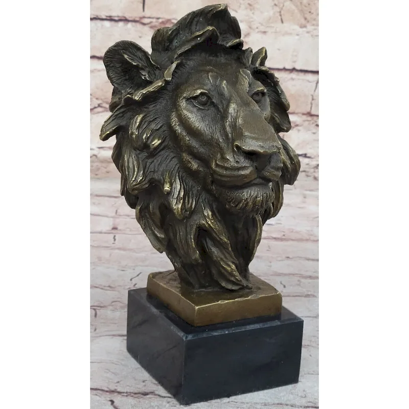 Male Lion Bronze Bust Statue Sculpture Figure On Black Marble Base Signed Barye 9 Inches X 4 Inches