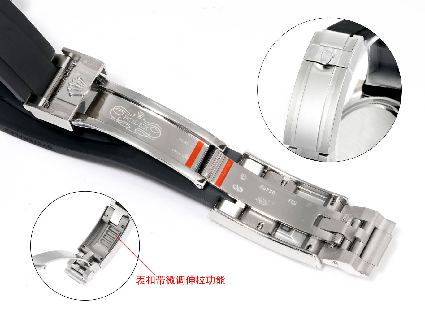 Rolex deployant clasp with micro-adjustment and engravings on rubber strap