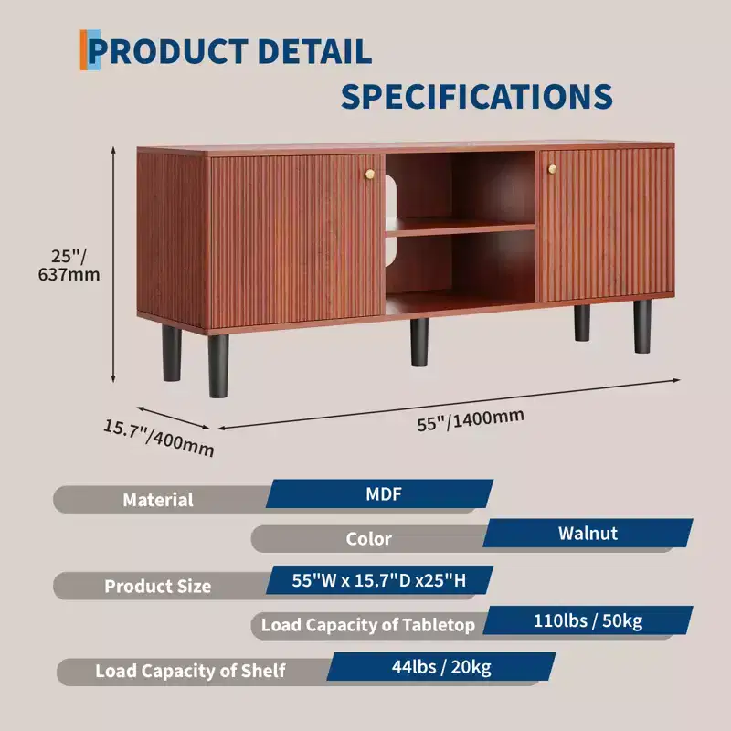 55 Fluted TV Stand, 2 Doors, Adjustable Shelves, Mid Century Modern Entertainment Center, for Bedroom, Living Room