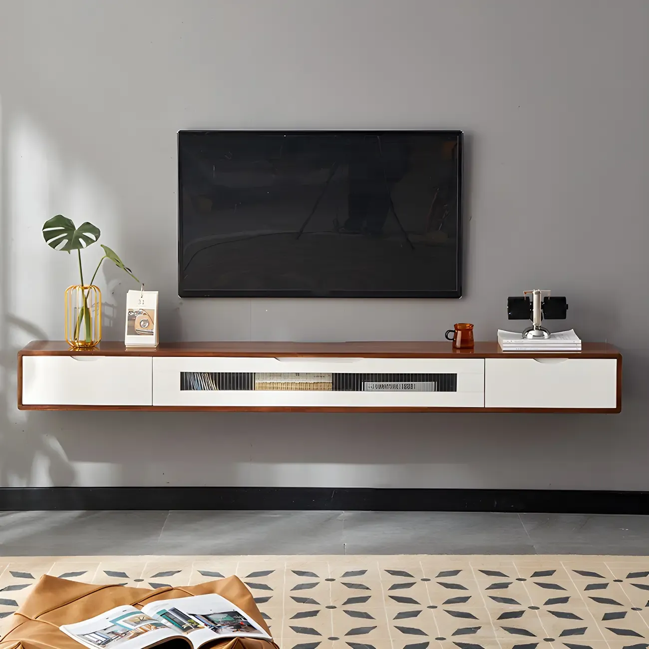 Rubberwood Wall Mount TV Stand Entertainment Center
