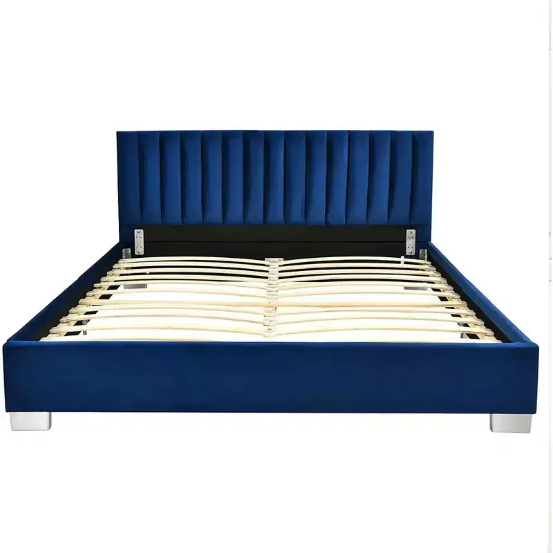 Costway Upholstered Bed Frame Full Size Modern Platform Bed with Vertical Channel Headboard No Box Spring Needed Navy/Grey