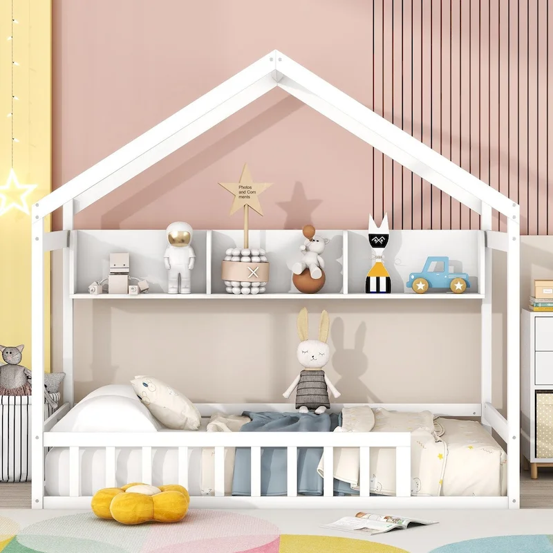 White/Grey Twin House Bed with Roof, Fence & Storage Shelf – 1 Kid