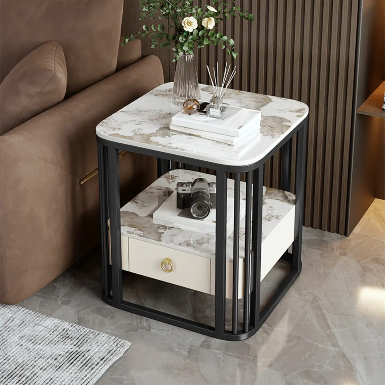 2-Tier White Marble Side Table with Storage and Metal Frame