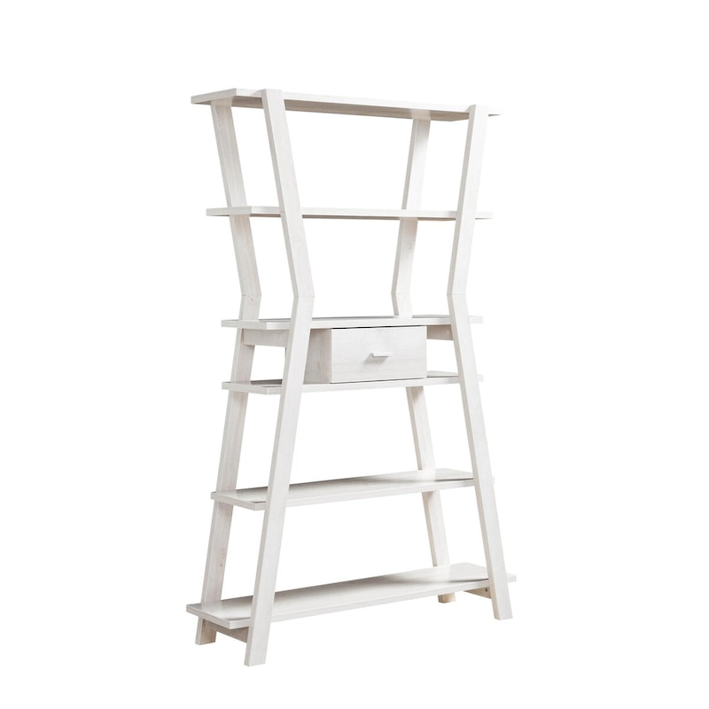 Modern Home Display Cabinet 4- Tier Open Shelving with Center Drawer in White Oak