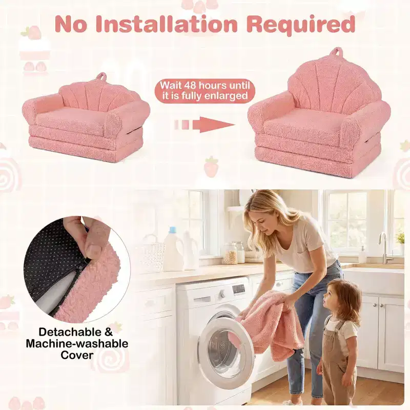 Costway Fold-out Kids Sofa 2-in-1 Convertible Toddler Couch & Lounger with Non-slip Base Beige/Green/Pink