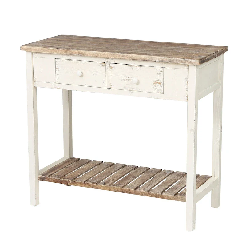 Distressed White and Brown Wood 2-drawer Console Table - 31.5H x 35.4 W x 15.55 D