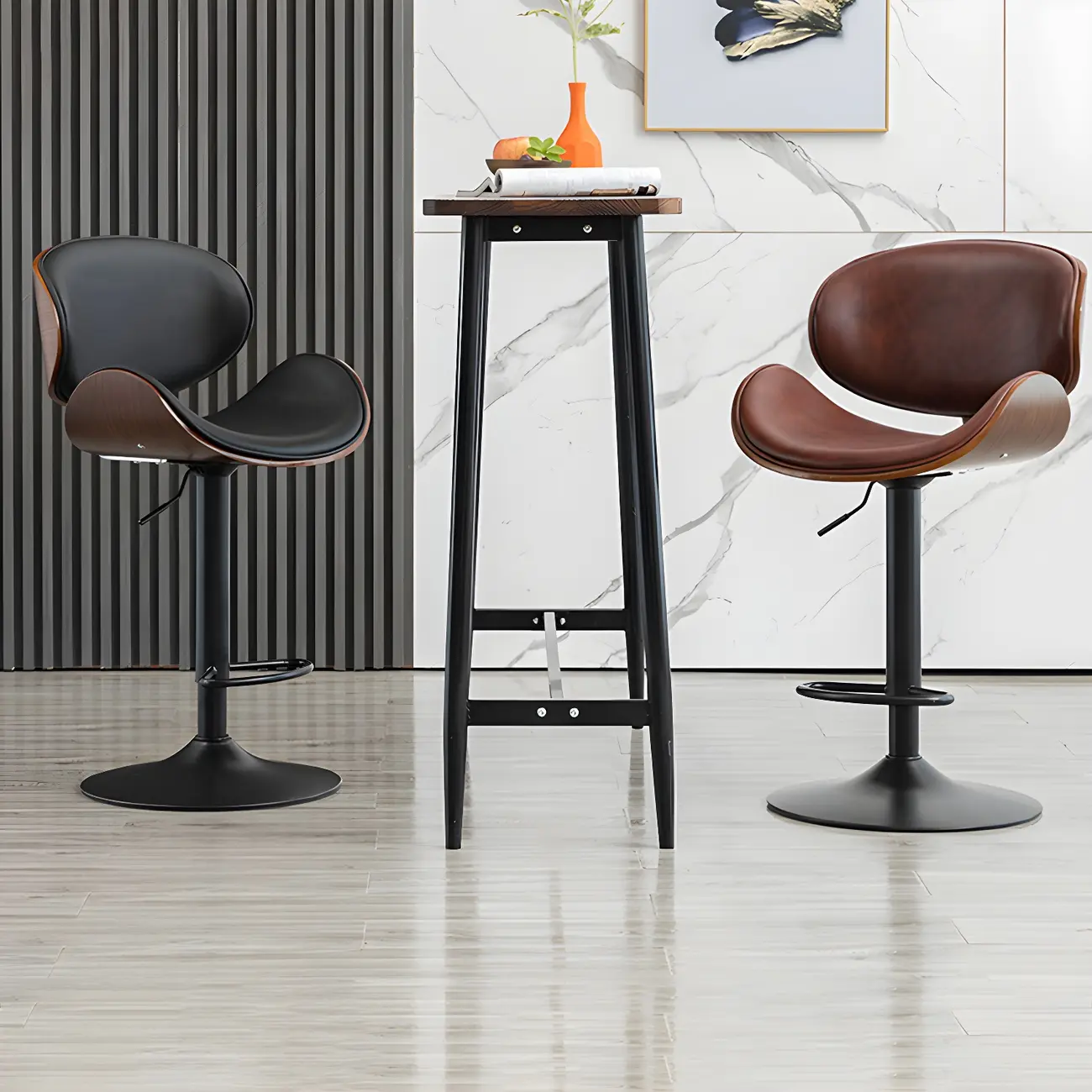 Modern Adjustable Leather Swivel Bar Stools with Backs