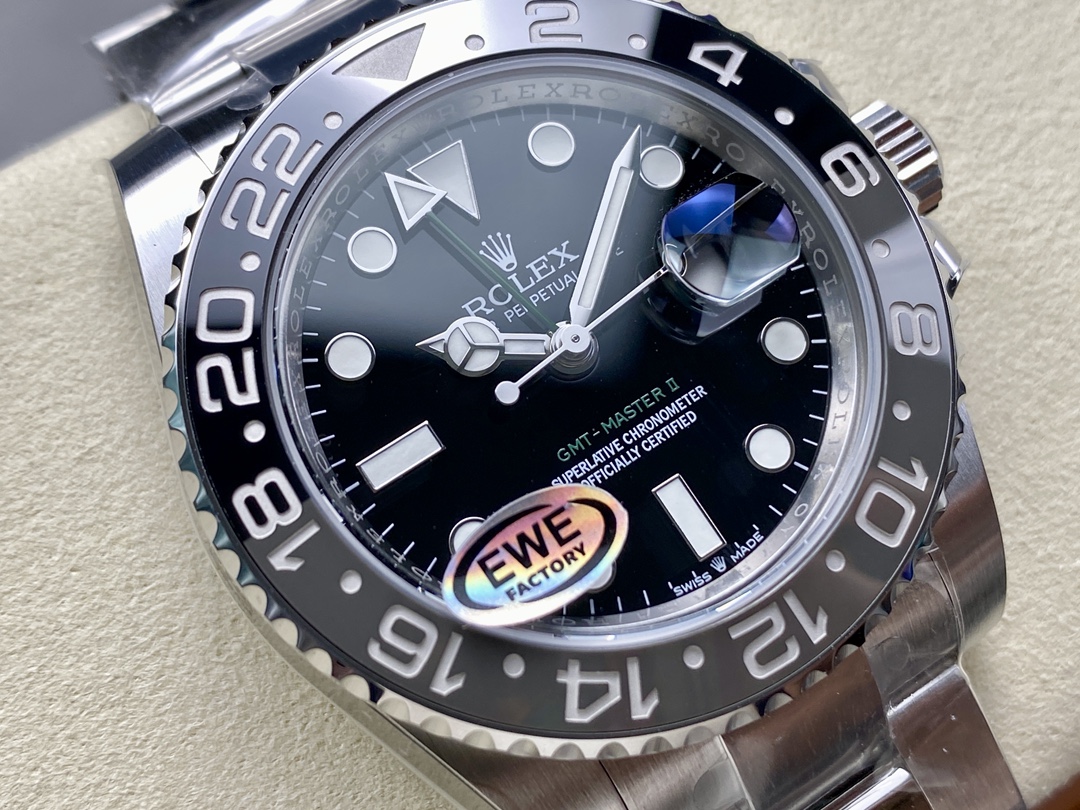 Close up of GMT-Master II dial and bezel with EWE sticker